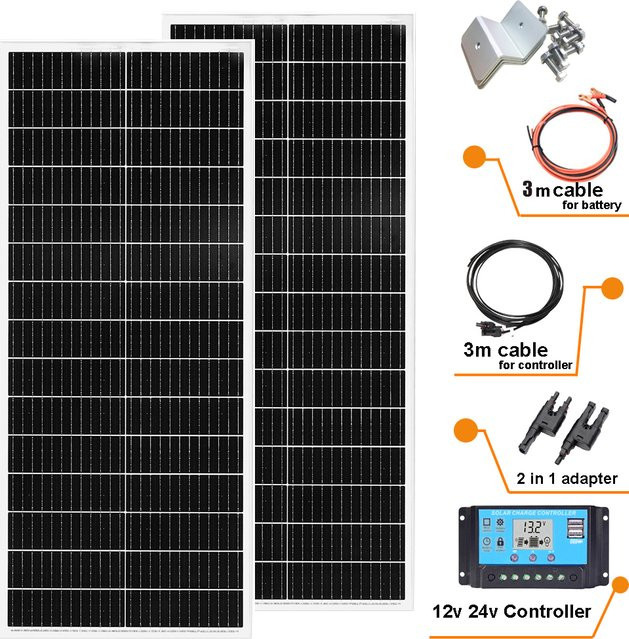 xinpuguang Solarpanel-Set 200W bestehend aus 2 monokristallinen 100W Solarpanels und einem 20A Laderegler für 12V Kfz, AGM und Gelbatterien in Schwarz - Bild 1