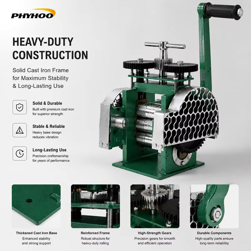 PHYHOO 3-in-1 Schmuckwalzmaschine aus Gusseisen in Grün für Flach-, Quadrat- und Halbrunddraht als manuelle Metallblechformpresse und Bastelwerkzeug - Bild 4