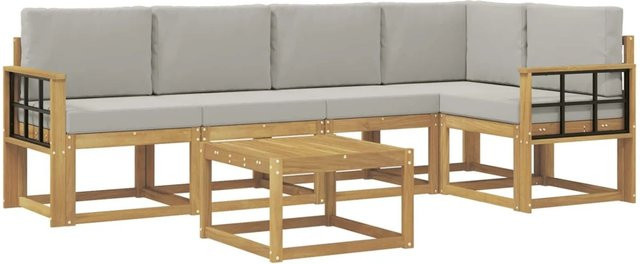 vidaXL Outdoor-Sofagarnitur 6-teilig in L-Form aus massivem Akazienholz mit Polsterkissen in Weiß und Hellgrau - Bild 1
