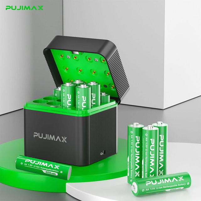 PUJIMAX AA Wiederaufladbares Ladegehäuse für 1,5V Lithium-Batterien, Konstantspannungs-Ladegerät, Schwarz - Bild 1