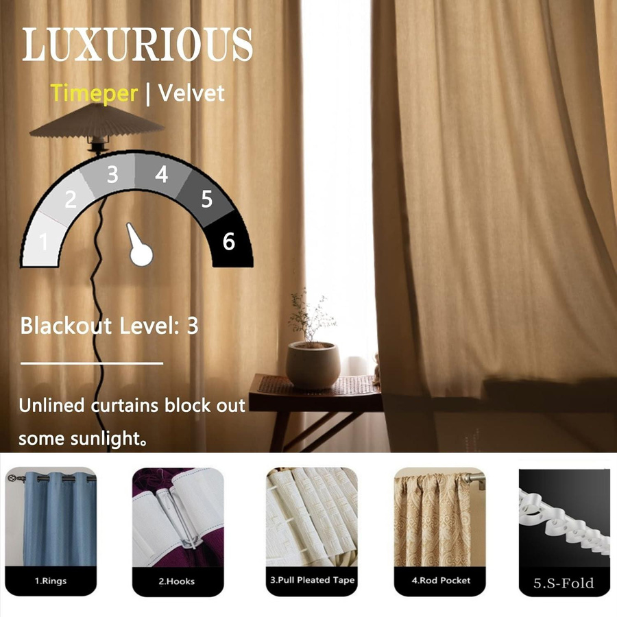 Yiran Furniture Verdunkelungsvorhang aus Samt in Braun mit Faltenband, B: 130 cm, H: 130 cm - Bild 4
