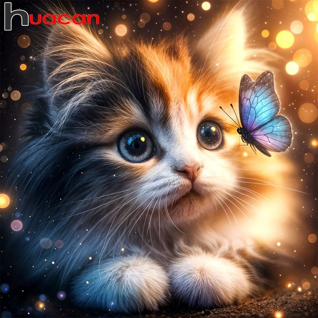 Huacan 5D DIY Diamantmalerei Katze und Schmetterling als Strassbild in Mehrfarben, B/H: 20 x 20 cm - Bild 1