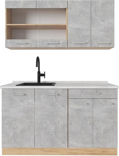 Vicco R-Line Single Küche Beton Goldkraft Eiche mit Marmor Arbeitsplatte Breite: 140 cm, Tiefe: 60 cm, Höhe: 81,6 cm - Bild 1