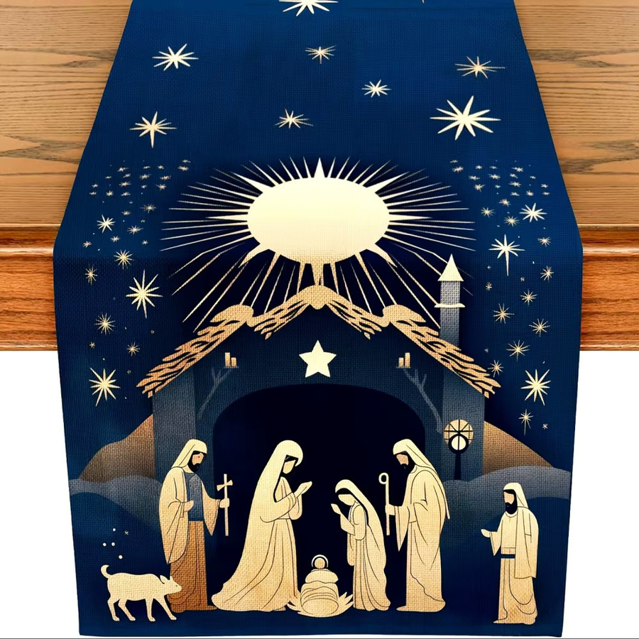 VIKAMA Farmhouse Tischläufer aus Leinen in Blau mit Sternen für Weihnachten und Thanksgiving, B/H: 90 x 33 cm - Bild 3