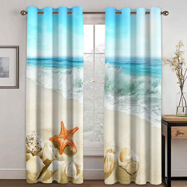 Dekorative 3D Vorhänge mit Strandmotiv Seestern und Muschel in Blau, 2 Paneele, B: 50 cm, H: 130 cm - Bild 1