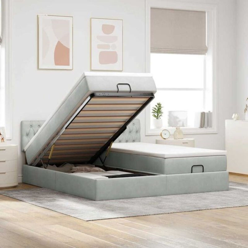 Vidaxl Ottoman Polsterbett mit Matratzen und LED in Hellgrau aus Samt, B/T: 160 x 200 cm - Bild 1
