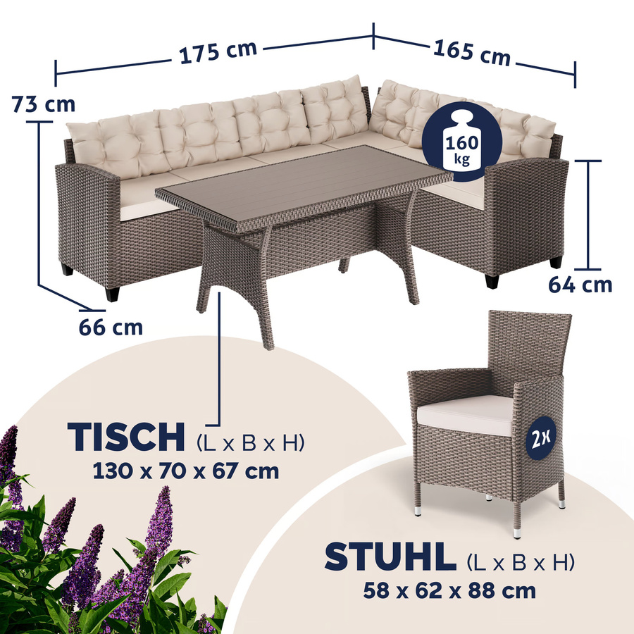 Casaria Polyrattan Ecklounge in Beige mit Polsterung, 2 Sesseln und Couchtisch für den Garten - Bild 2