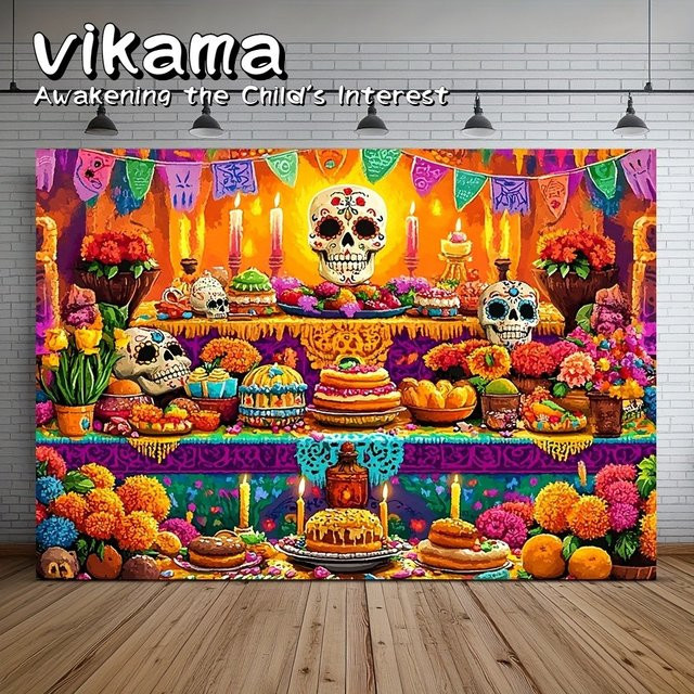 VIKAMA Day of the Dead Wandteppich mit floralem Zuckerschädel-Muster in Multicolour, mexikanisches Banner für Halloween, Hochzeiten und Geburtstage, B/H: 100 x 75 cm - Bild 1