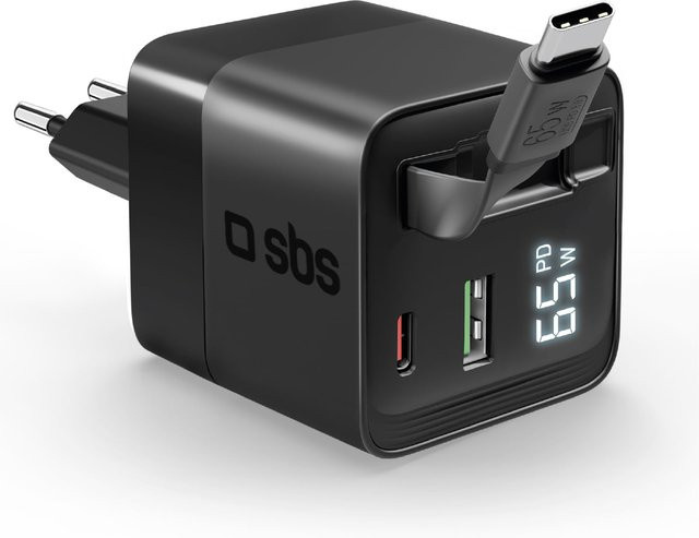 SBS Wandladegerät GaN 65 W mit LCD-Bildschirm und integriertem USB-C-Kabel, Schwarz - Bild 1