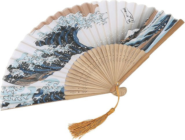 Japanischer Faltfächer im Retro-Stil mit Wellenmuster aus Bambus und Nachahmungsseide, Multicolour - Bild 1