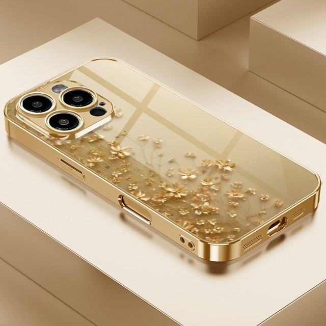 Elegante Handyhülle aus gehärtetem Glas mit goldenem Blumenmuster für Samsung Galaxy S25 Ultra, S24, S23 Plus, S25 FE und S23 Ultra - Bild 1