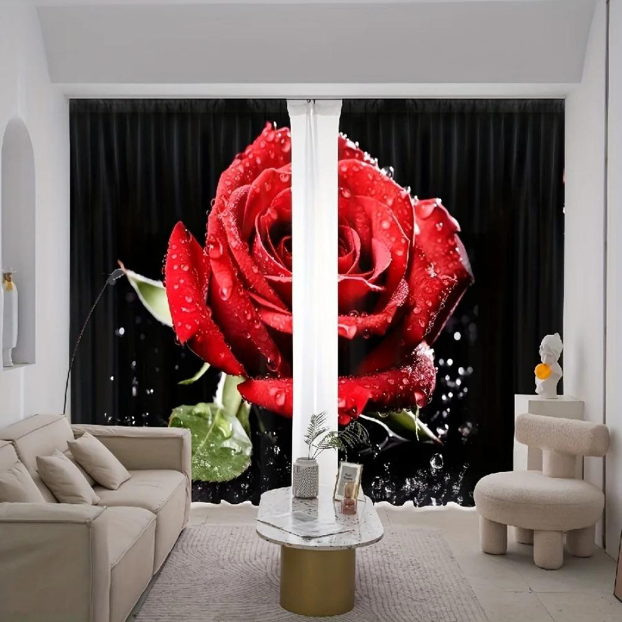 Yiran Furniture Vorhänge mit Rosen-Blumendruck in Rot, 2er-Set, halbtransparent, Polyester, Breite: 100 cm, Höhe: 130 cm - Bild 2