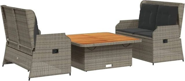vidaXL 3-teiliges Garten-Lounge-Set aus grauem PE-Rattan mit Kissen und Akazienholz-Tisch - Bild 1