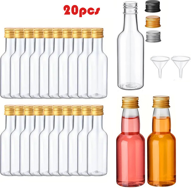 FIGHTYU 20 Mini-Weinflaschen aus Kunststoff mit Deckel und 2 Trichtern, 50 ml, Farben: Gold, Silber, Schwarz oder Transparent - Bild 1
