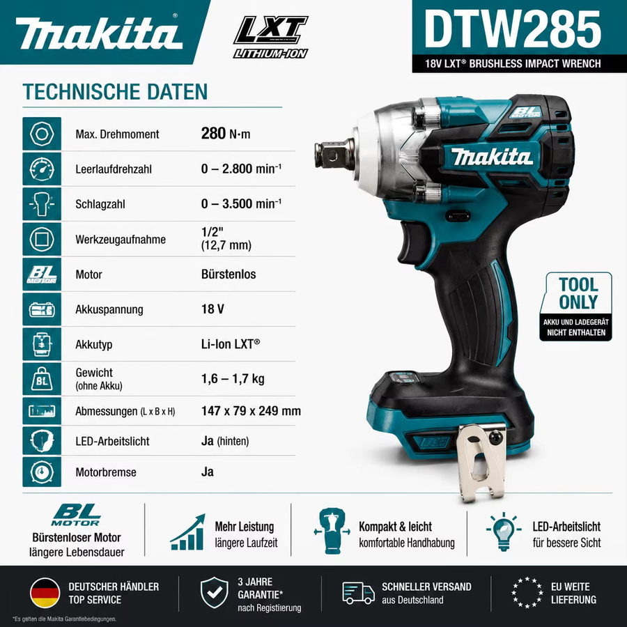Bürstenloser Schlagschrauber Set kompatibel mit Makita LXT Akku mit 320N·m Drehmoment und 1/2 Zoll Aufnahme, inklusive 6,0Ah Akkus - Bild 5