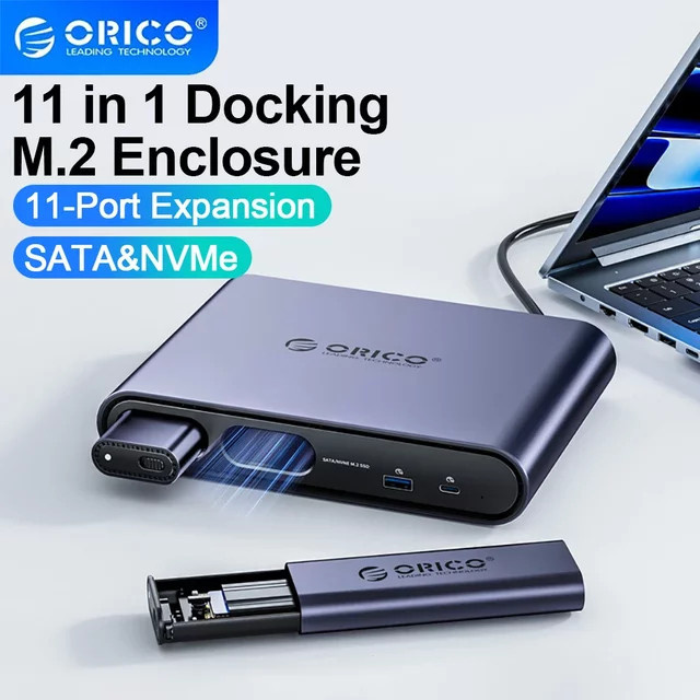 ORICO 11-in-1 USB-C Dockingstation mit M.2 NVMe SSD-Gehäuse, 10 Gbit/s, 4K60 Hz HDMI und dreifachem Display, Grau - Bild 1