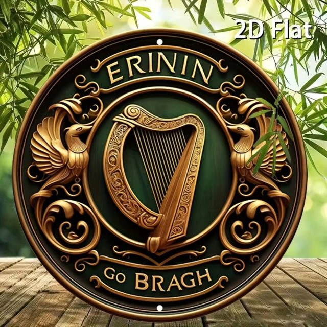 HELLOYOUNG Wanddekoration Erinnin Go Bragh mit irischer Harfe, rundes Metallschild in Grün, Durchmesser: 20 cm - Bild 1