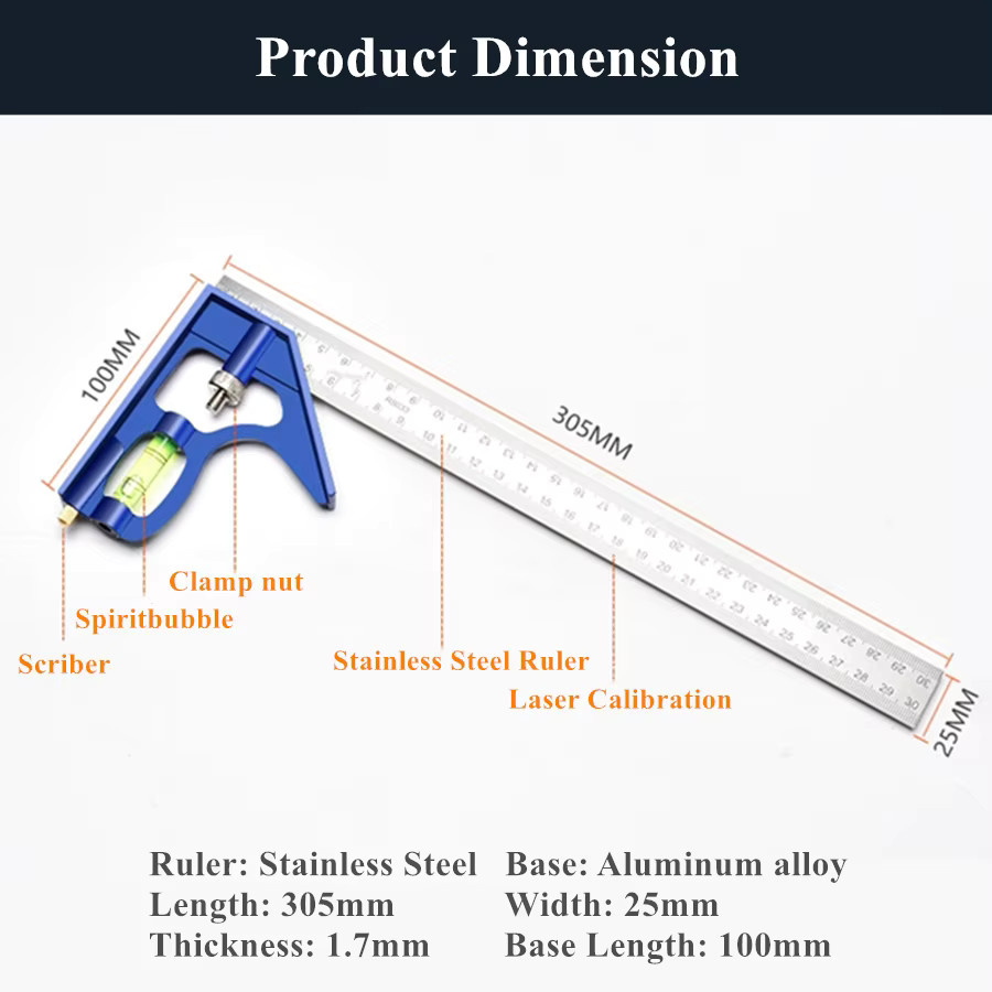 3-in-1-Lineal-Set mit quadratischem Winkel in Blau für Holzarbeiten und Ingenieure - Bild 2