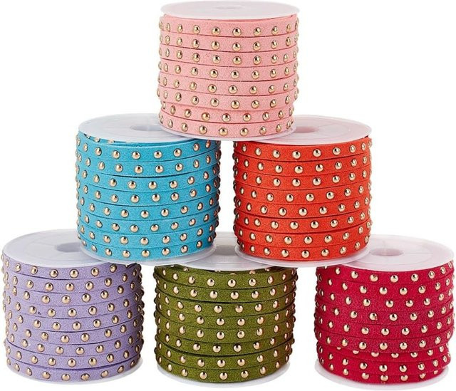 Kunstlederband Set mit Punk-Nieten, 30 m flaches PU-Lederband in 6 Farben, Breite: 5 mm - Bild 1