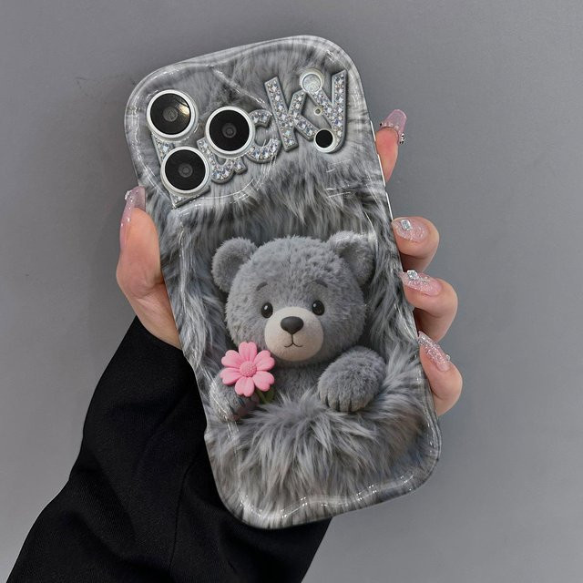 Graue Plüsch-Teddybär Handyhülle mit Liebesaufdruck für Samsung Galaxy S26 S25 S24 S23 S22 S21 Ultra Plus FE A16 A35 A56 A34 A54 A30 in Weiß - Bild 1