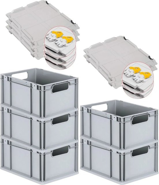 PROREGAL Spar Set 5x Eurobox Nextgen Economy mit Scharnierdeckel und gelben Schiebeschnappverschlüssen, Grau, H x B x T: 22 x 30 x 40 cm, 20 Liter - Bild 1