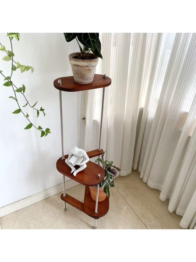 XIUWO Moderner Pflanzenständer aus massivem Holz in Braun mit geometrischem Design für Wohnzimmer und Garten - Bild 5