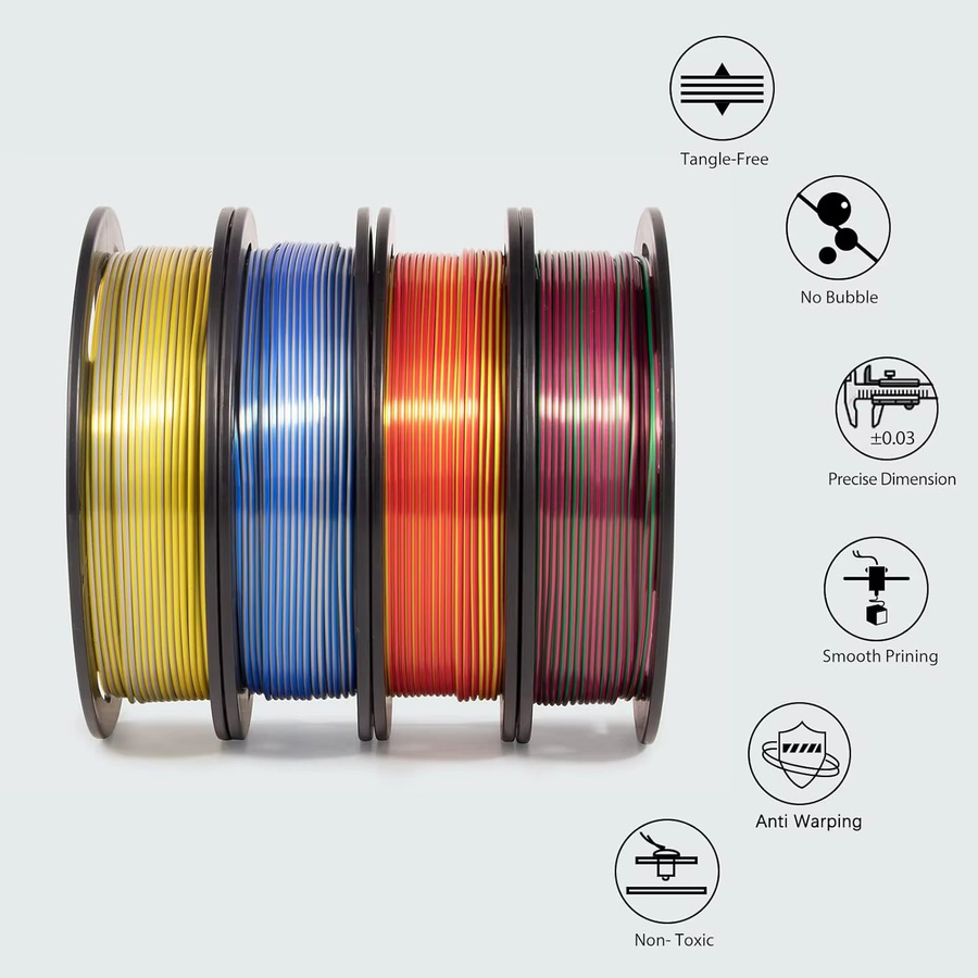 3D Maliang PLA-Filament Bundle, zweifarbiges Silk PLA für FDM-Drucker, 1,75 mm, Grün-Rot, 4 x 250 g - Bild 3
