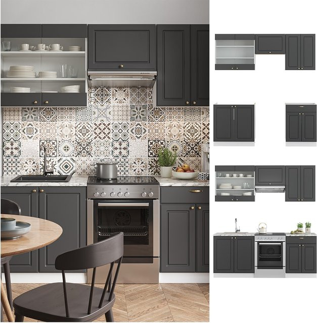 Vicco Küchenzeile Fame-Line Landhausstil in Weiß Anthrazit Gold, Breite: 200 cm - Bild 1