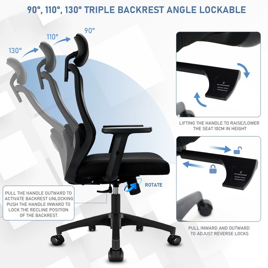 Milacyee Ergonomischer Computer-Schreibtischstuhl in Schwarz mit hoher Rückenlehne, verstellbarer Kopfstütze, Lendenwirbelstütze und Liegefunktion - Bild 4