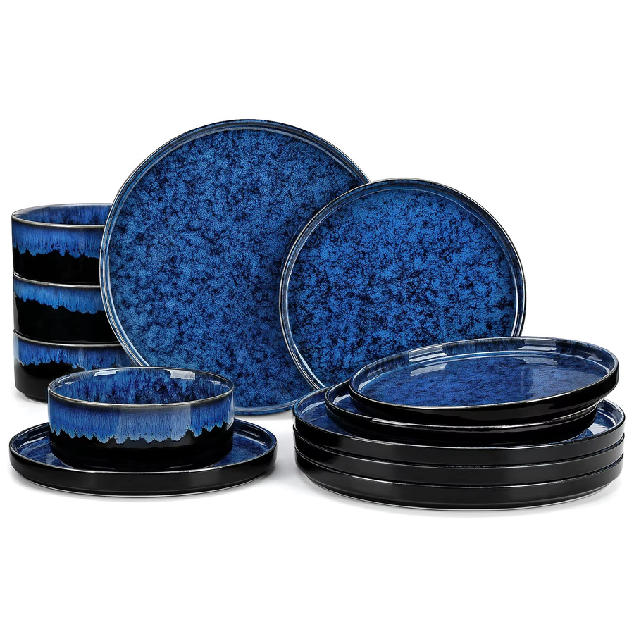 vancasso 36-teiliges Geschirrset aus Keramik in Schwarz-Blau mit reaktiver Glasur und vertikalem Rand - Bild 7