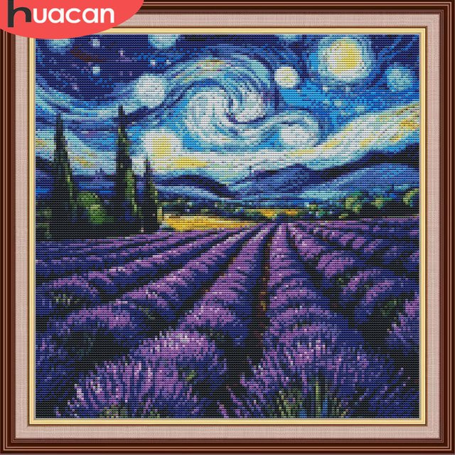 HUACAN Kreuzstich-Set Lavendel Landschaft mit Sternenhimmel, Stickerei-Set mit DMC-Fäden, 11 Karat, Farbe: Lila, B/T/H: 30 x 30 x 30 cm - Bild 1