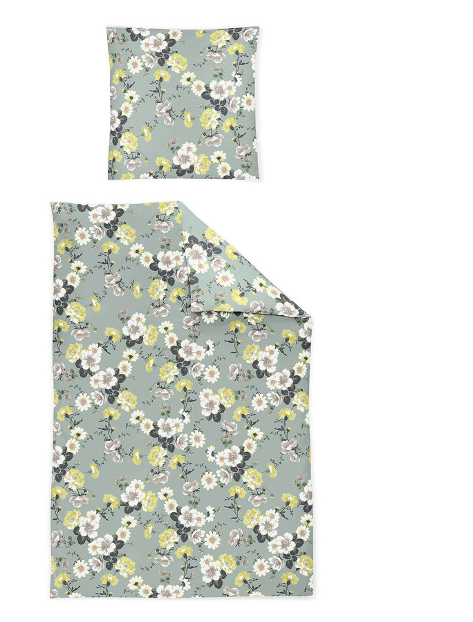 Irisette Sky Mako-Satin Bettwäsche mit floralem Blumenmuster in Jade, Gelb und Weiß, B/H: 135 x 200 cm mit Kissenbezug 80 x 80 cm - Bild 1
