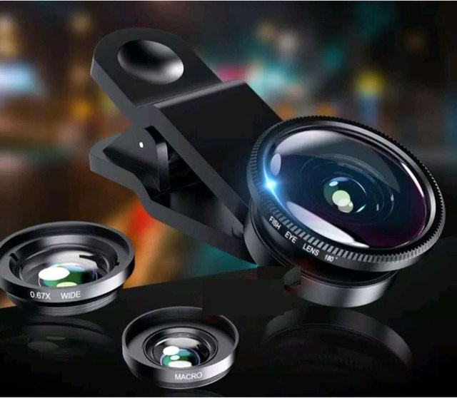3-in-1 Fisheye Weitwinkel und Mikro Kamera-Objektiv-Set mit Telefonclips in Schwarz für iPhone, Samsung, Xiaomi und Redmi - Bild 1