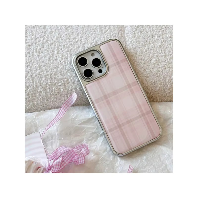 INS Retro Handyhülle aus TPU mit Plaid-Muster und silbernem Rand für iPhone XR bis iPhone 17 Pro Max in Rosa - Bild 2