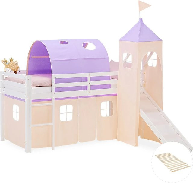 Homestyle4u Kinder Hochbett aus massivem Kiefernholz mit Rutsche und Treppe in Lila, B/T/H: 90 x 200 x 217,5 cm - Bild 1
