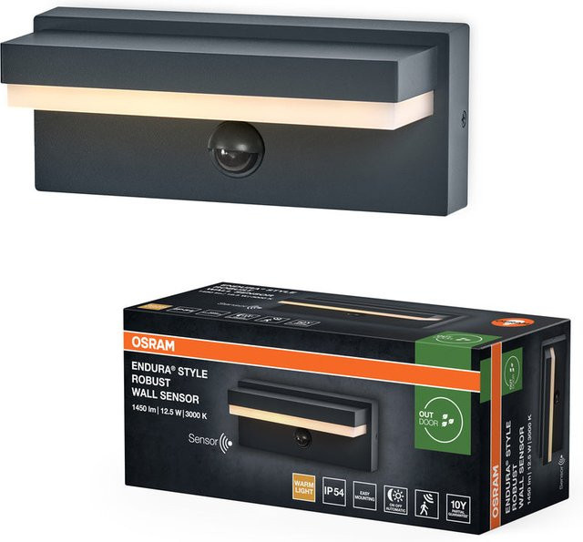 OSRAM Endura Style LED Wandleuchte mit PIR-Bewegungsmelder und Dämmerungssensor, 12,5W, 1000 lm, 3000K Warmweiß, IP54, Weiß - Bild 1