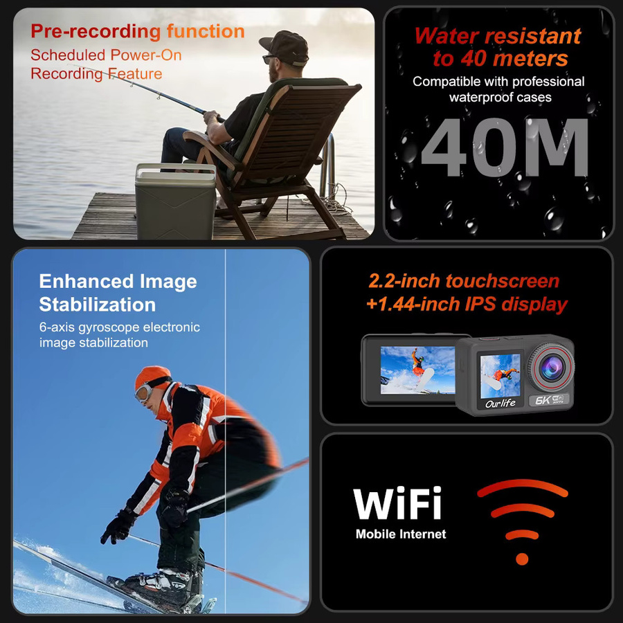 Ourlife M90TR Actionkamera in Schwarz mit 6K30FPS, 2,2 Zoll Touchscreen, 170 Grad Sichtfeld, 40m wasserdicht und WiFi-Funktion - Bild 3