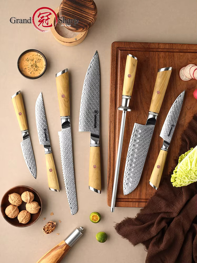 Grandsharp 7-teiliges japanisches Damastmesser-Set mit Koch-, Utility- und Brotmesser sowie Sashimi-Schneidebesteck und Luxusbox - Bild 3