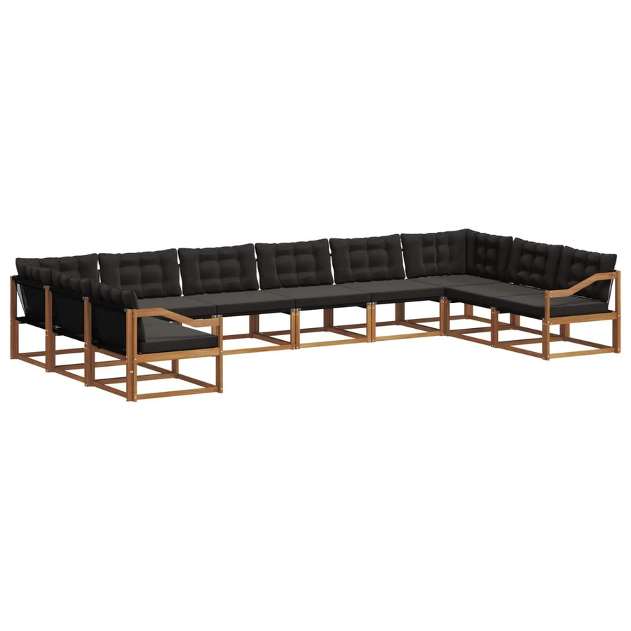vidaXL Outdoor-Sofagarnitur aus massivem Akazienholz in U-Form, 10-teiliges Set mit Textilene-Bezug und Kissen, Natur und Schwarz - Bild 2