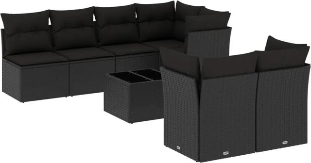 vidaXL 8-tlg Garten-Sofagarnitur in L-Form aus Polyrattan mit Kissen und Tisch, Schwarz - Bild 1