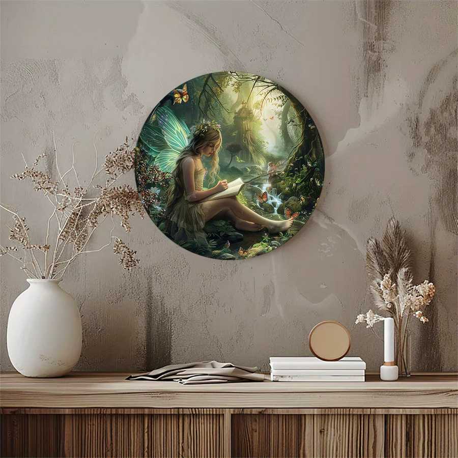 Potdemiel Rundes Aluminium-Wandschild Enchanted Elf Girl Vintage-Waldszene mit Fee und Schmetterlingen, Mehrfarbig, Durchmesser: 20,32 cm - Bild 6