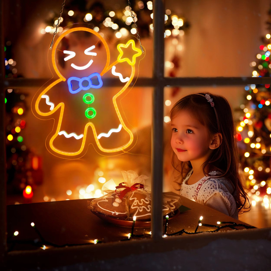 Gingerbread Man Weihnachts-LED-Neonschild in Multicolour mit dimmbarer USB-Beleuchtung für Fenster, Wand und Dekoration - Bild 2
