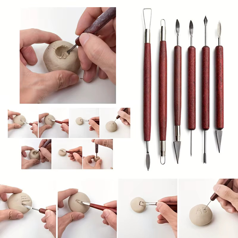 6-teiliges Töpferwerkzeug-Set mit roten Holzgriffen für Tonmodellierung und Tonreparaturen - Bild 3
