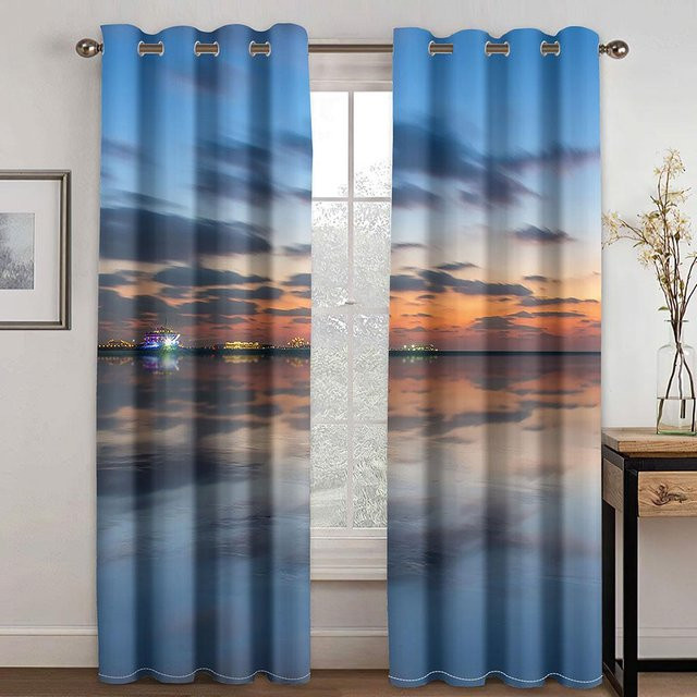 Yiran Furniture Sonnenuntergang am Meer Vorhänge mit 3D Digitaldruck, 2 Paneele, Polyester, Blau/Mehrfarbig, Breite: 100 cm, Höhe: 130 cm - Bild 1