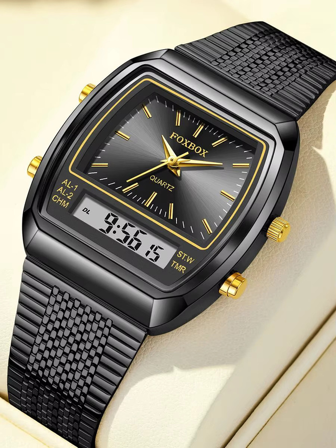 FOXBOX Armbanduhr Quarz, Doppel-Display, Edelstahl, Schwarz, Herren - Bild 7