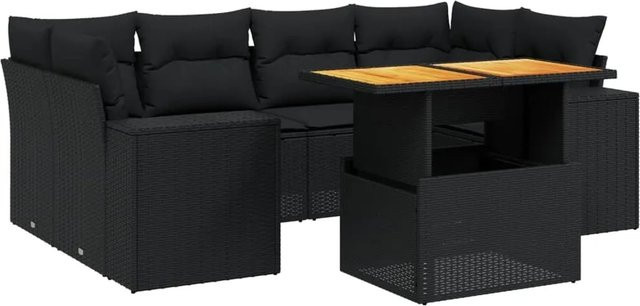 vidaXL 7-teilige Garten-Sofagarnitur in L-Form aus schwarzem Poly-Rattan mit Kissen und Akazienholz - Bild 1