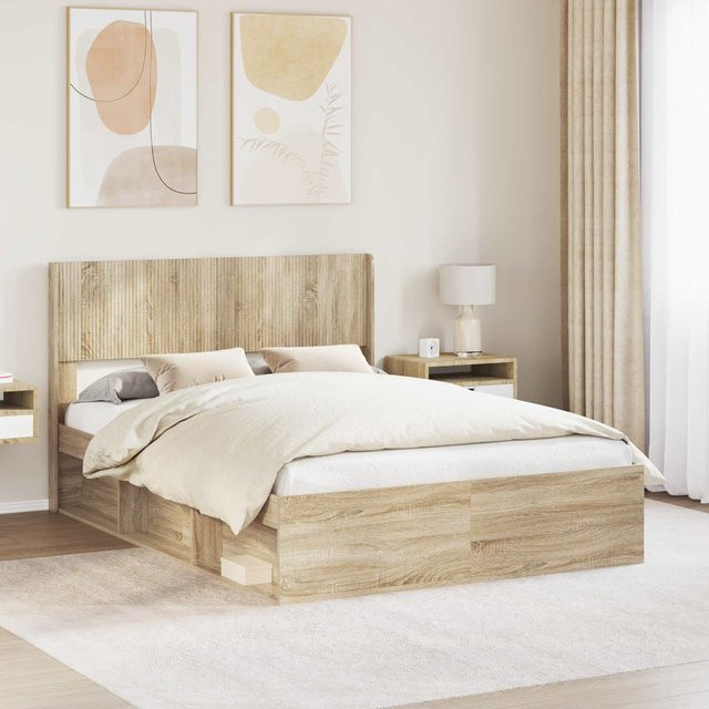 vidaXL Bettgestell mit Kopfteil und Schubladen in Eiche Optik, B/T/H: 140 x 200 cm - Bild 1