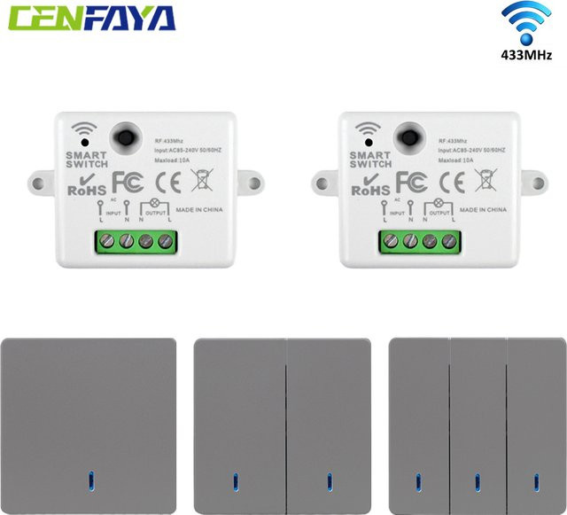 CENFAYA Drahtloser Lichtschalter mit RF 433MHz Wandpanel Fernbedienung und Mini-Relais-Empfänger Set, Weiß - Bild 1