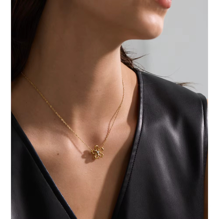 Yhpup Halskette mit Blumen-Anhänger, Edelstahl, Gold, Zirkonia - Bild 3