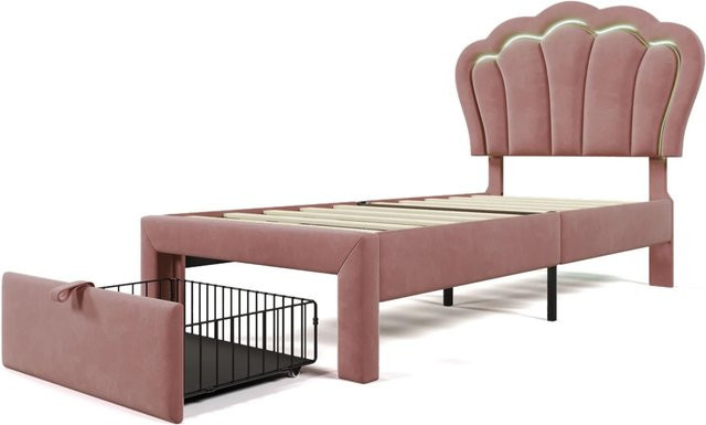 Merax Kinderbett aus Samt in Rosa mit LED-Unterbettbeleuchtung und Schubladen, B/T/H: 90 x 190 x 117 cm - Bild 1